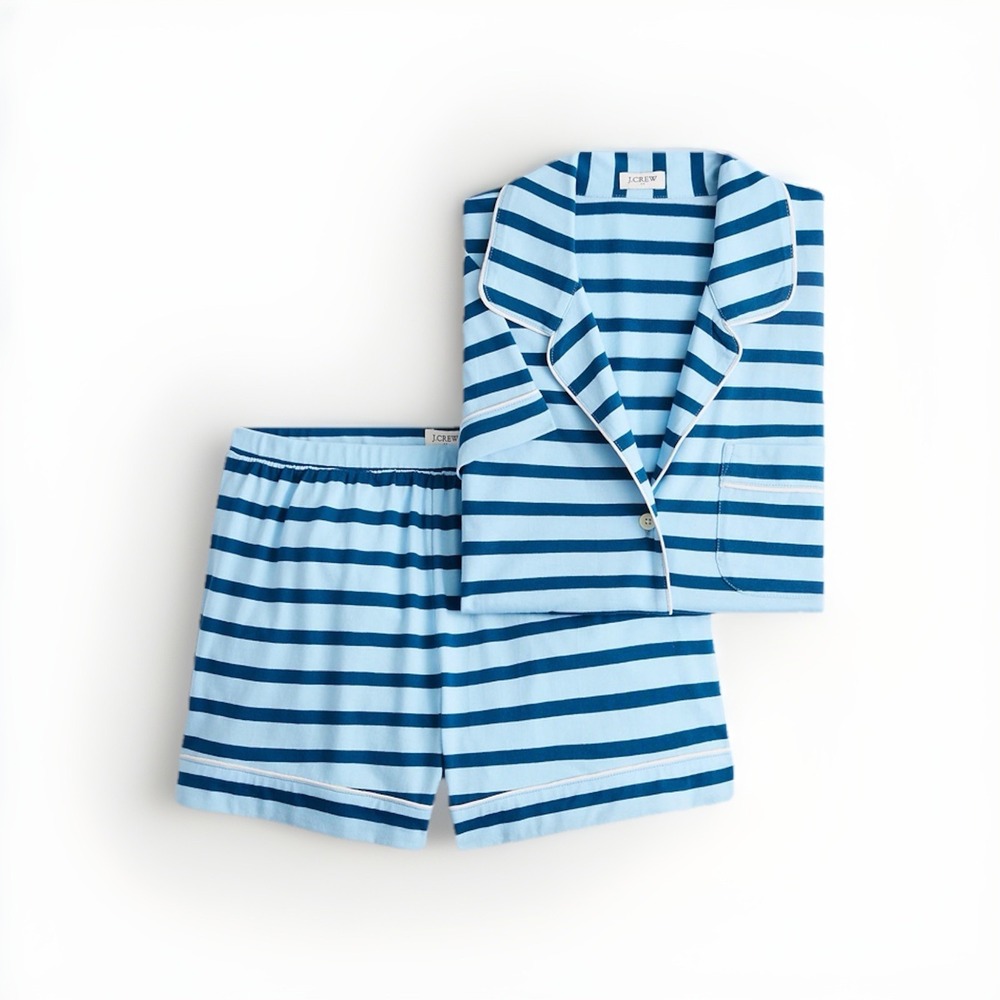 J. Crew Short-Sleeve Knit Pajama Set XL Blue Stripes Short Sleeve Top & Shorts